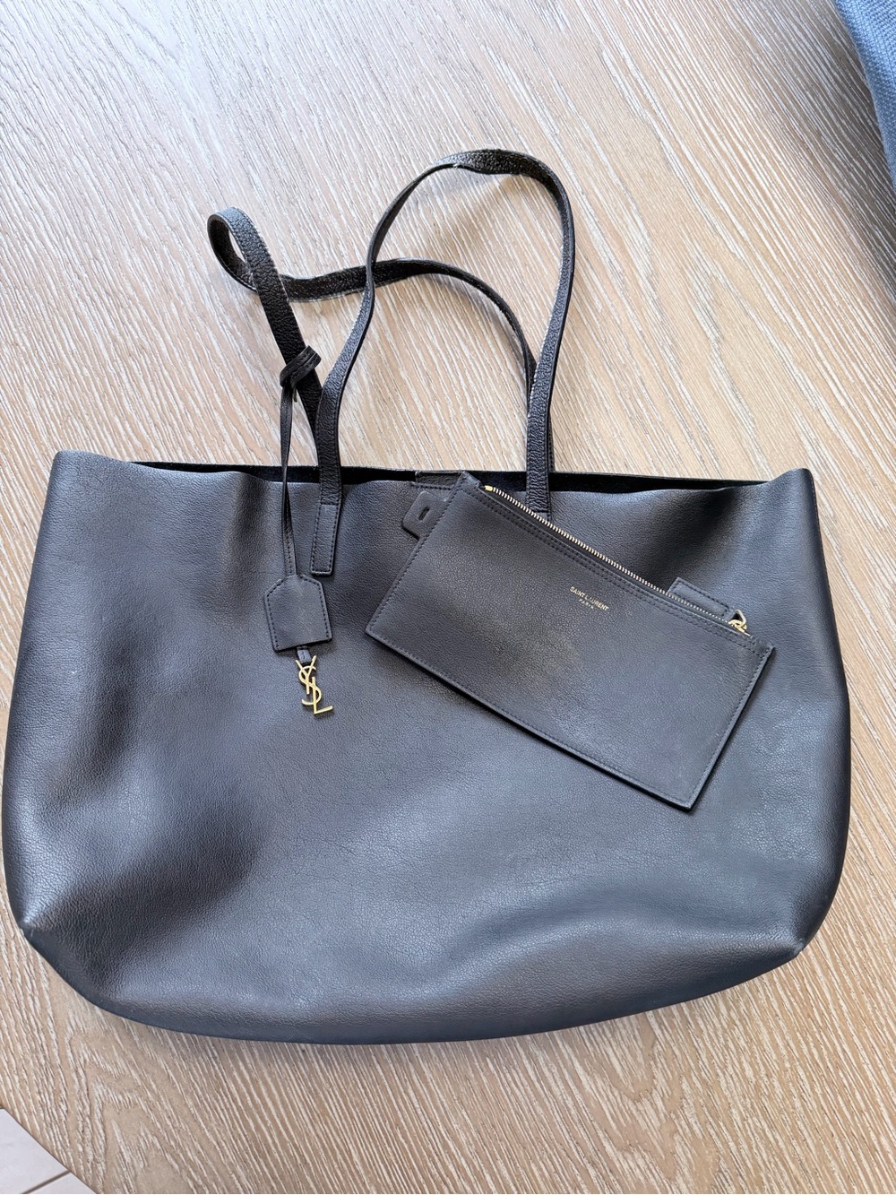 Saint Laurent Black Leather Tote with Gold YSL Charm and Pouch